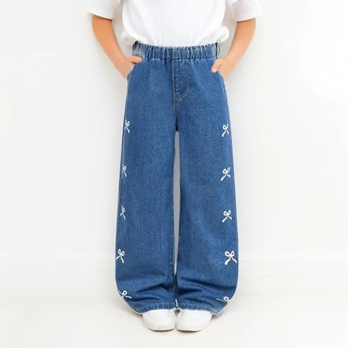 Girls Bowknot Print Baggy Jeans Kids Y2k Jeans Wide Leg Elastic Waist Loose Denim Pants Comfy Cotton Fall Winter2