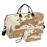 Duffel Bags Handgepäcktasche Wochenendtasche mit verstellbarem Riemen für Sport, wasserdicht, Retro-Karte, kontinentaleuropäisches Braun