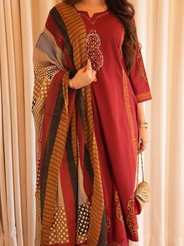 Image of Red Cotton Suit with Embroidered Design and Printed Dupatta, Traditional Indian Ethnic Wear for Women
