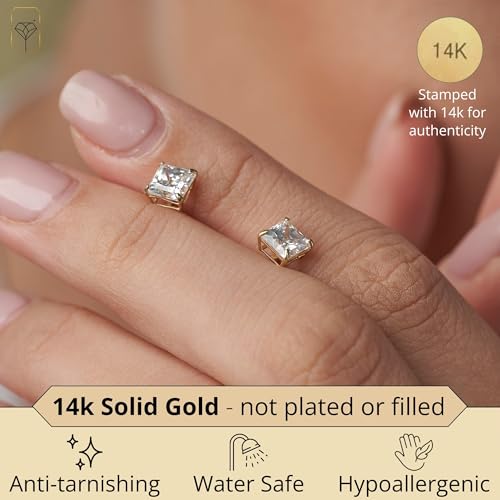 14K Gold Princess Cut CZ Stud Earrings for Women & Men | Anti Tarnishing Cubic Zirconia Earrings Studs with 14K Gold Butterfly Backs | 4MM 5MM 6MM 7MM CZ Gold Earrings by MAX + STONE2