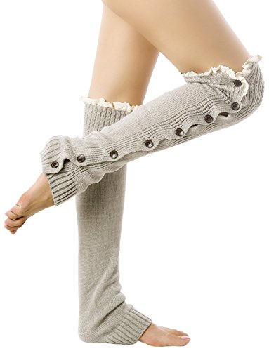 Ib-Ip Women's Knitting Button Down Light Eyelet Lace Cuff Knee High Leg Warmers, Size: One Size, Black #TOP4