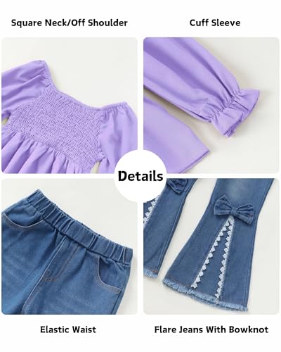 Image of XUANHAO Toddler Girls Clothes Puff Sleeve Smocked Shirt Flare Jeans Pant Outfits for Girl Bell Bottom Kids Girls Clothing Set