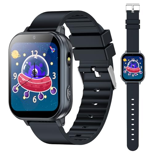 PTHTECHUS Smart Watch für Kinder, Kinderuhr mit Fotoapparat, MP3-Player, Lernen und Spielen, Kindergeschenk für 3-12 Jahre alte Jungen und Mädchen,Schwarz