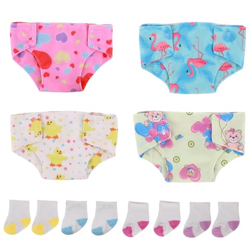 Xerteam 4 Puppenwindeln 4 Paar Puppensocken für Baby Puppen 30-43 cm, Baby Puppe Windeln Set für 12-18 Zoll Puppen Pretend Play, Wiederverwendbare Puppen Zubehör, Niedlichem Enten-/Bären-/Herzmuster