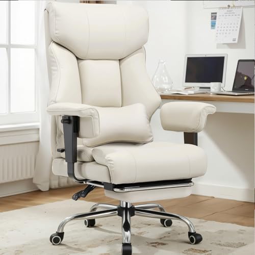 COMHOMA Big and Tall Office Chair 400lbs High Back Leather Executive Chair with Ergonomic Lumbar Support & Pocket Spring Cushion for Lower Back Pain Relief, Computer Gaming Chair with Foot Rest, Beige