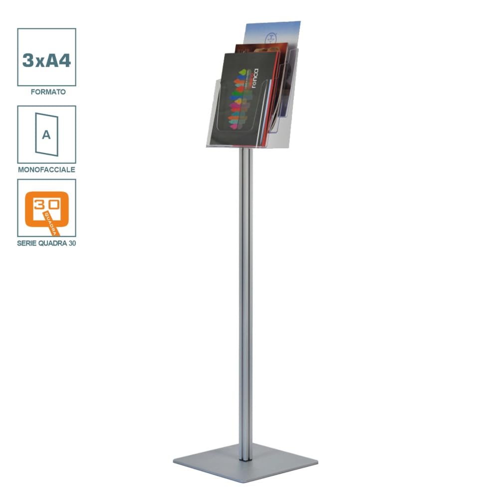Espositore Portadepliant porta cataloghi da terra a Piantana con 3 Tasche in plexiglass per stampati A4, montante in Alluminio e base ultra sottile antinciampo in metallo per una migliore stabilità