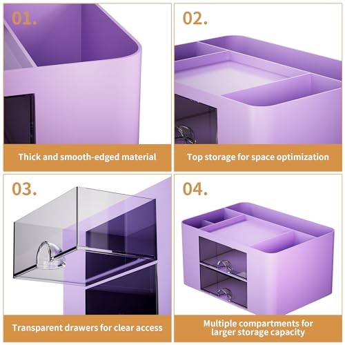 Image of Marbrasse Pen Organizer with 2 Drawer, Multi-Functional Pencil Holder for Desk, Desk Organizers and Accessories with 5 Compartments + Drawer for Office Art Supplies (Purple)