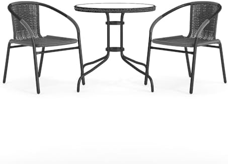 Flash Furniture 3-Piece Patio Dining Set with Round Glass Metal Table and 2 Stackable Rattan Chairs, Indoor/Outdoor Bistro Table and Chairs Set, Gray