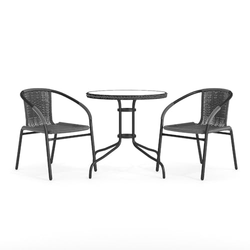 Flash Furniture 3-Piece Patio Dining Set with Round Glass Metal Table and 2 Stackable Rattan Chairs, Indoor/Outdoor Bistro Table and Chairs Set, Gray
