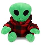 DolliBu Super Soft Alien Stuffed Toy with Plaid Red Hoodie Sweater and Personalization - Alien Plush Lumberjack Stuffed Toy with Plaid Jacket Dress Up for Christmas, Holiday, Winter - 6 Inches