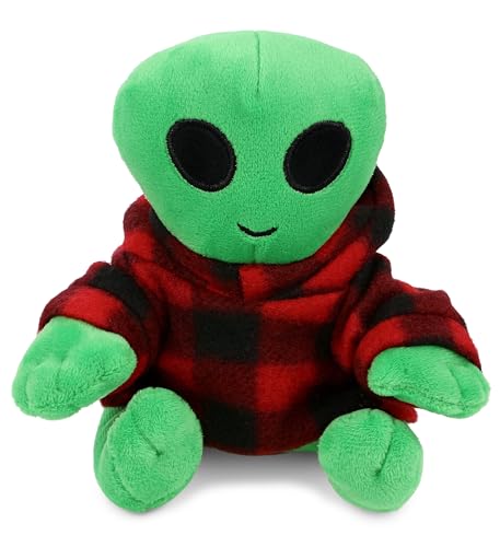 DolliBu Super Soft Alien Stuffed Toy with Plaid Red Hoodie Sweater and Personalization - Alien Plush Lumberjack Stuffed Toy with Plaid Jacket Dress Up for Christmas, Holiday, Winter - 6 Inches