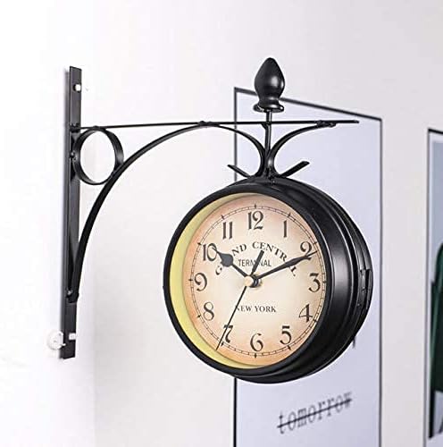 Outdoor Garden Wall Clock, 9 Inch Double Sided Wrought Iron Garden Clock Waterproof Outdoor Clock Indoor Outdoor Decoration Outside Clock Station Quartz Wall Clock with Outside Bra