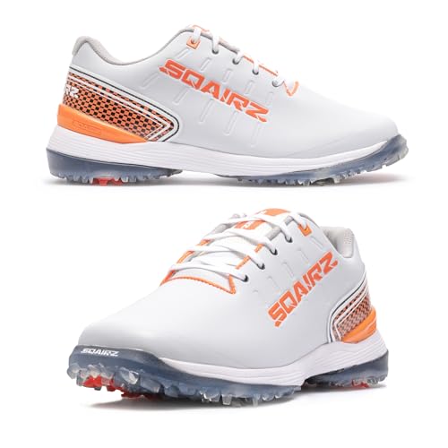 SQAIRZ Bold Men's Athletic Golf Shoes - Designed for Balance & Performance, Replaceable Spikes, Waterproof, White/Orange3