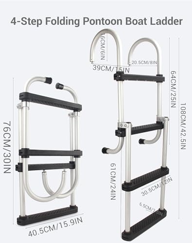 Mojiate 4-Step Aluminum Folding Boat Ladder | 500lb Capacity | Non-Slip Steps | Lightweight Removable Design for Pontoons, Yachts & Docks