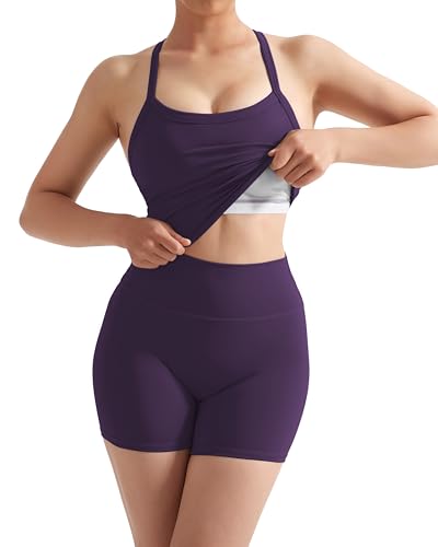 Image of SUUKSESS Women 2 Piece Workout Sets High Waisted Tummy Control Biker Shorts Halter Padded Tank Tops