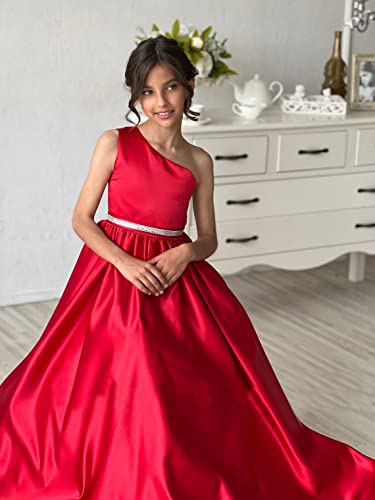 One Shoulder Girls Pageant Dresses Stain for Kids Princess Formal Party Ball Gowns with Pockets PA0373