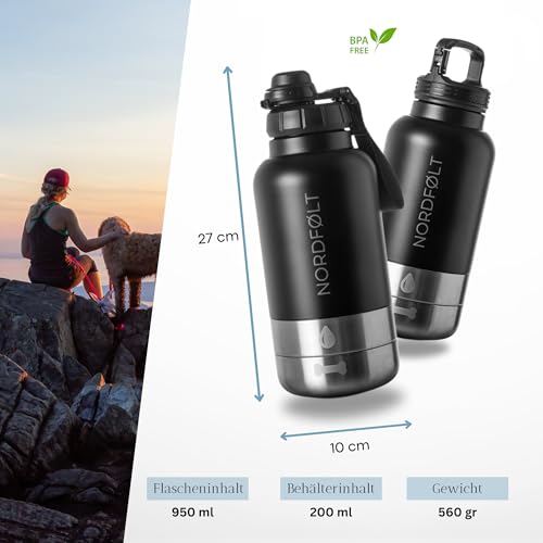 NORDFØLT®Trinkflasche Hunde Für Unterwegs, 4 in 1 Hundetrinkflasche für Unterwegs 950ml, Isolierflasche aus Edelstahl, Hundezubehör für Reise, Trinkflasche Hund mit Wassernapf und Futternapf, BPA-Frei
