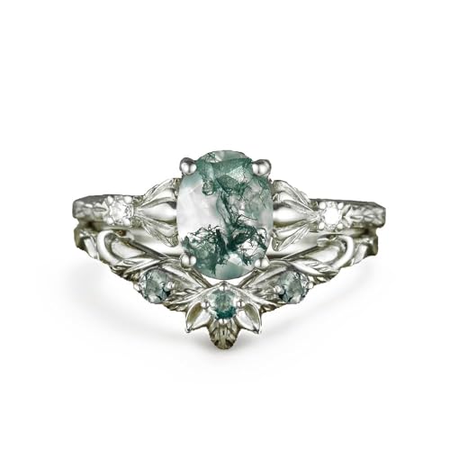 Kite/Oval/Pear Cut Nature Moss Agate Engagement Ring Set for Women,Vintage S925 10K 14K/18K Moss Agate Ring Moissanite Cluster Rings Art Deco Bridal Wife Custom Wedding Ring Set