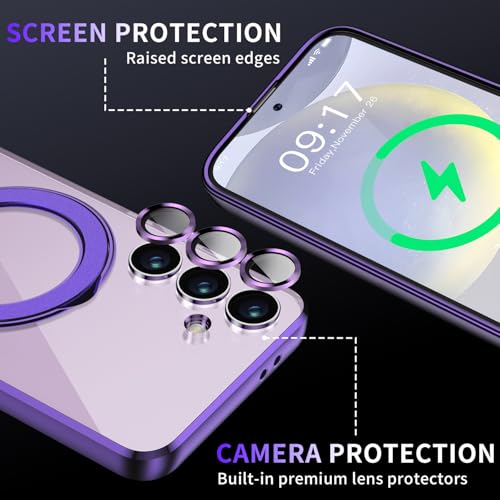 Image of Magnetic Stand & Full Camera Lens Protector Case for Samsung Galaxy S24 [Compatible with MagSafe][Military Drop Protective] Not Yellowing Clear Slim Soft S24 Phone Case for Women Men,Purple