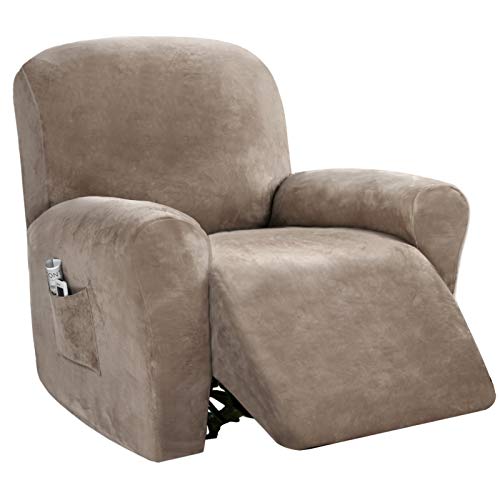 PrinceDeco Recliner Chair Cover Velvet Recliner Couch Covers 4-Pieces,Taupe