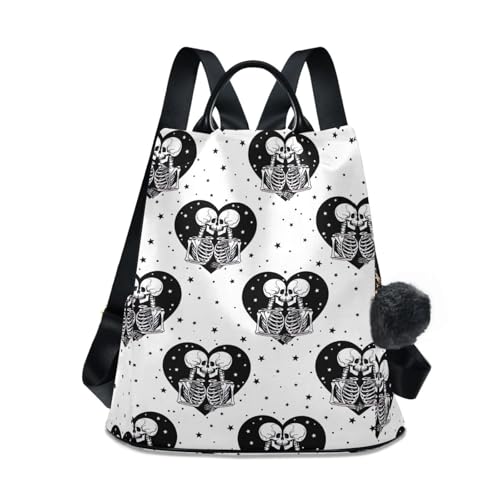 Sac à dos femme imprimé squelettes et cœurs blancs en polyester antivol
