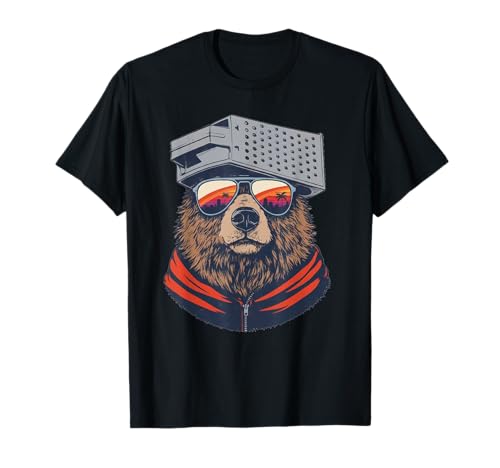 Retro Bear with Cheese Grater Hat and Sunglasses Sunset Art T-Shirt