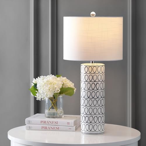 JONATHAN Y 28.75" Blue and White Patterned Ceramic Modern Column Table Lamp, Coastal Bohemian Bedside Lamp for Living Room, White Linen Drum Shade, LED Bulb Included JYL6614A by JONATHAN Y - Image 2