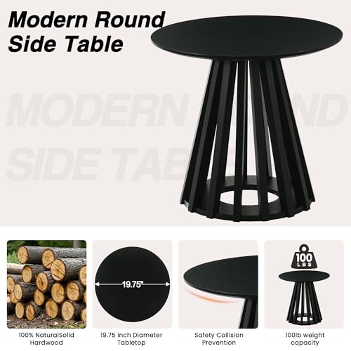 Image of HNY Modern Round Fluted End Table, Black Wood Pedestal Side Table, Drum Accent Bedside Drink Tables for Living Room Small Space Couch
