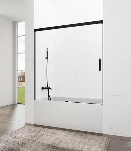 Box doccia anteriore | vetro di sicurezza 6 mm | profili in alluminio in 2 finiture, divisorio vasca scorrevole (trasparente nero, 155-160 cm)
