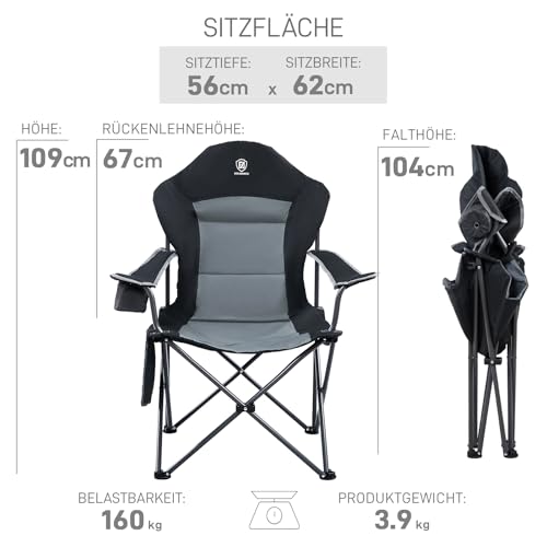 EVER ADVANCED Luxus Campingstuhl Faltbar 160KG Belastbar Ultragroß mit Hoher Rückenlehne, Bequemer Klappstuhl mit Seitentsche & Getränkehalter für Camping Garten Balkon Anglen, Gartenstuhl Angelstuhl