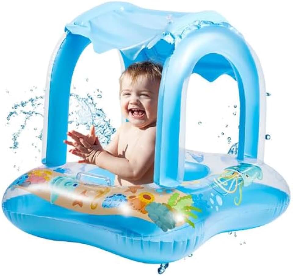 Boia Infantil Inflável com Cobertura Baby Float para Piscina Bóia Bebê com Assento Seguro e Toldo Protetor Solar Diversão e Proteção na Água
