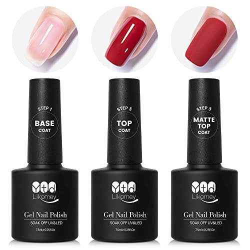 YTD Likomey Esmalte Semipermanente de Uñas en Gel UV LED,Base y Brillante Mate Top Coat 3pcs Kit,Transparente No Wipe Capa superior y de base Esmaltes de Uñas,7.5ml Cover
