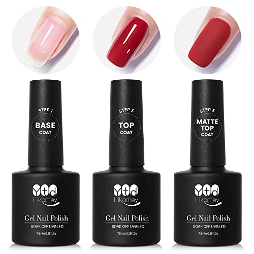 YTD Likomey Vernis Gel Semi Permanent Base Coat Top Coat Avec Matte Top Coat Kit,Soak Off UV LED Vernis à Ongles Base et Finition Set de Manucure 3 x 7.5ml