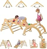 FUNLIO Foldable Pikler Triangle Set, Montessori Climbing Set with Solid Wood for Toddlers 2-5 yrs, Adjustable 5-in-1 Indoor Play Gym with Arch/Slide/Climbing Rock/Triangle, Easy to Install-Medium Size