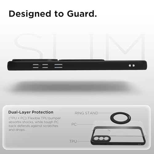 Image of RIGGEAR Shockproof Sleek Hybrid Armor 360 Rotating Magnetic Ring Stand Back Cover Case Compatible with MagSafe Accessories for OnePlus Nord 5 5G (Clear PC + Black TPU Bumper)