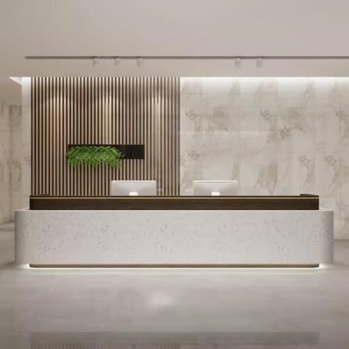 Escritorio de recepción con iluminación LED y almacenamiento, mostrador de caja totalmente montado para vestíbulo y venta al por menor, panel de logotipo personalizado, diseño elegante, 120 x 55 x 100
