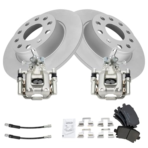 Image of TRQ Rear Brake Pad and Rotor Set Semi Metallic Coated Rotors Calipers Compatible with 2010 Volkswagen Jetta