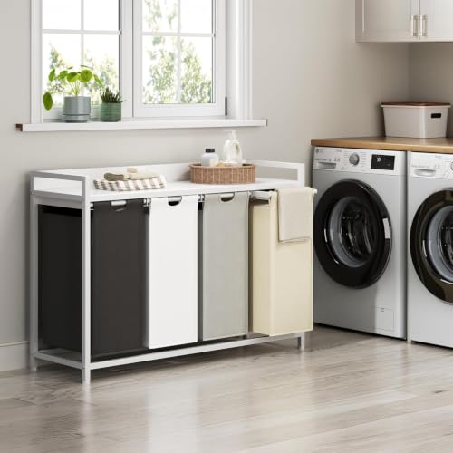 4-Section Rolling Laundry Sorter with Top Shelf, Metal Frame Laundry Hamper, 4 x 60L Waterproof Removable Pull Out Bags, Mobile Garment Basket Organizer for Laundry Room Bathroom Bedroom - Image 2
