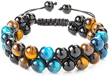Ekkiploi Bracelets For Men Women Beaded Crystals Mens Jewelry Tiger Eye Black Obsidian Healing Aquamarine Stones Handmade Triple Protection Bracelet 8mm Blue Beads Good Luck Gifts
