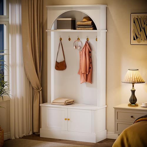 Image of Tribesigns Hall Tree with Bench and Shoe Storage, 4-in-1 Design Entryway Bench with Coat Rack, 70.86 inch Tall Mudroom Rack with 5 Double Hooks and Adjustable Shelf for Hallway (White)