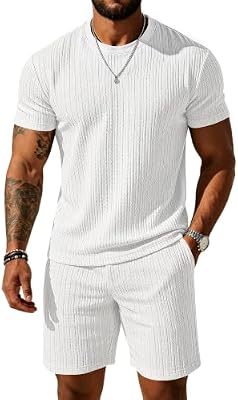 UOUA Mens Twisted Texture Shorts Set - White 2 Piece Summer Outfit with Crewneck T-Shirt & Shorts