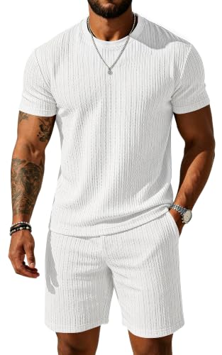 UOUA Mens Shorts Set Crewneck Short Sleeve T-Shirt & Shorts Twisted Texture 2 Piece Summer Outfits Casual Matching Sets White L
