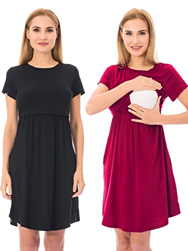 Image of Bearsland Women's Short Sleeves Maternity Dress Nursing Breastfeeding Dresses with Pockets