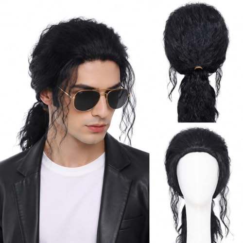 Tembol Mens Long Black Curly Wig 70s 80s Rock Retro Men Cosplay Wigs Curly Ponytail Synthetic Wigs for Party Halloween Cosplay Costume
