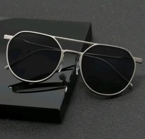 Image of Silver Metal Frame Sunglasses for Men with Black Lens, Full Metal Body Sunglasses, Vintage Stylish Hexagonal Aviator Eyewear for Daily Wear.