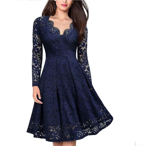 Robe formelle en dentelle florale avec col en V pour femme - Longueur midi - Pour invitées de mariage, cocktail, fête, printemps et automne - Taille L - Bleu marine