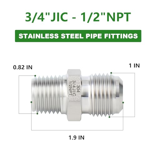Image of TAISHER 2PCS Forging of 304 Stainless Steel JIC Flare Tube Fittings, 3 /4 inch JIC Male x 1 /2 inch NPT Male, Half Union