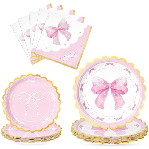WERNNSAI Pink Bow Birthday Decorations - 48PCS Bow Plates and Napkins Coquette Birthday Decorations Pink Paper Plates and Napkins for Kids Girls Bachelorette Wedding Supplies Serves 16 Guests