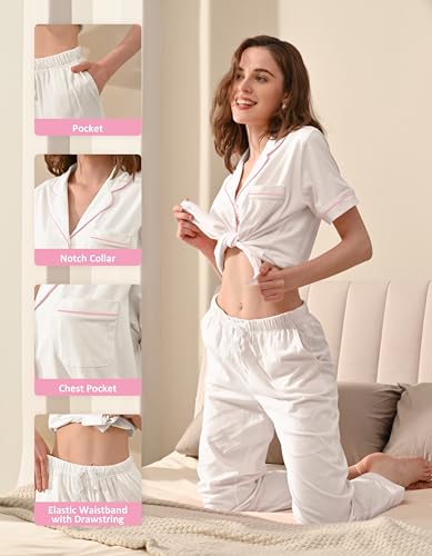 Image of NAP BOUND 100% Cotton Women's Pajama Sets Short Sleeve Button Down Soft Pjs 2 Piece Lounge Set with Pocket Nightwear XS-XXL
