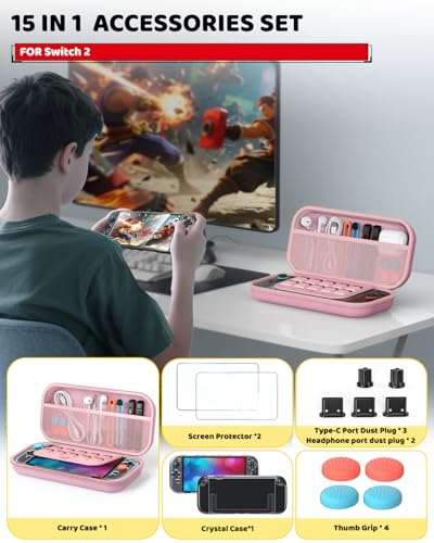 Image of Switch 2 Accessories Bundle for Nintendo Switch 2 2025(All in One Case Kit) | Portable Hard Shell Slim Case with Crystals Protective Cover kit, 2 HD Screen Protectors (7.9 Inch),Dust Plugs, 4 Thumb Grips